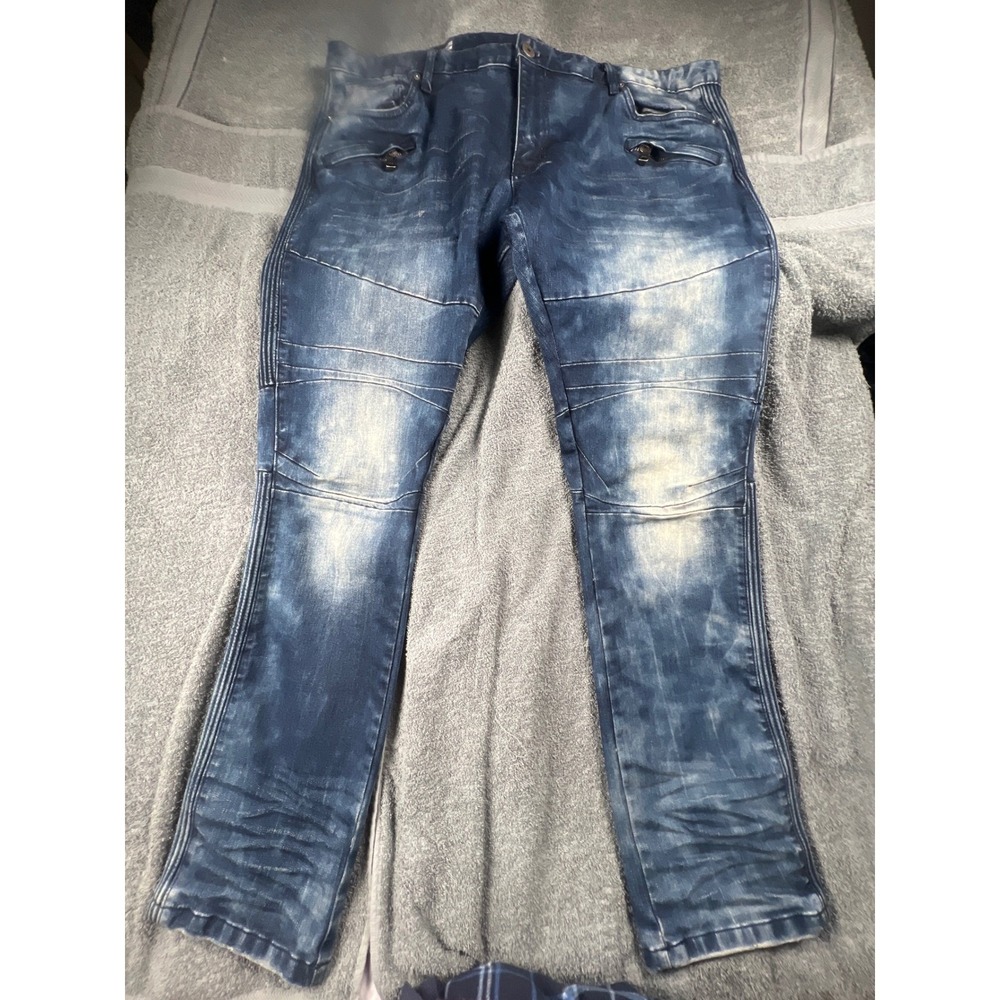 SMOKE RISE Mens W44 L32 Slim Fit Blue Wash Moto Jeans Denim Pants